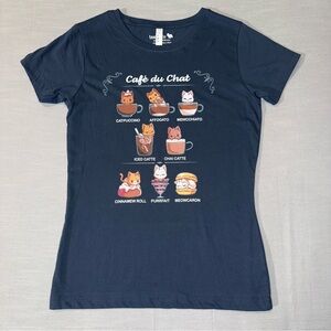 WOMEN'S T-SHIRT SIZE M CAT LOVER CAFE DU CHAT FUNNY CUTE NERDY NAVY BLUE
